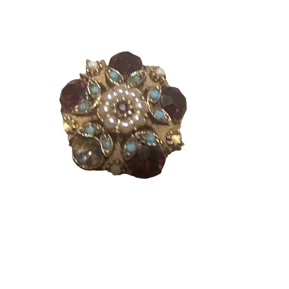 VTG Signed Florenza Brooch Ruby Rhinestones Simulated Pearls Faux Turquoise RARE